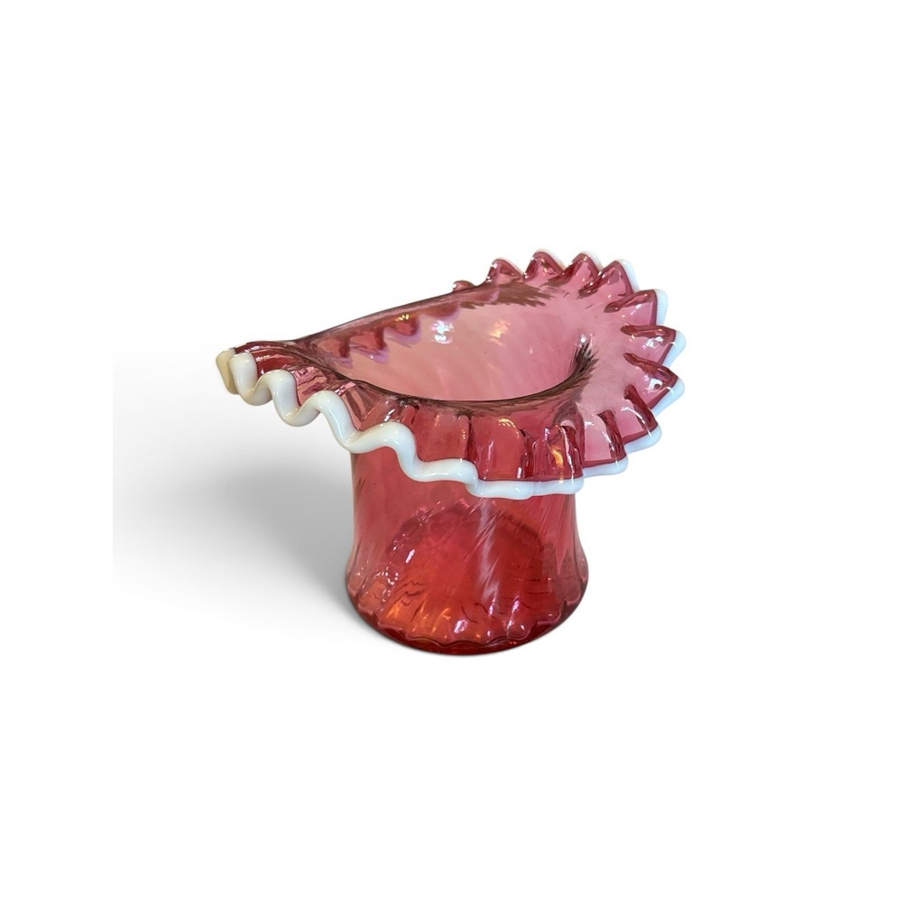 Fenton Cranberry Spiral Optic Ruffled Hat Vase With Snow Crest 4" - Picture 2 of 8